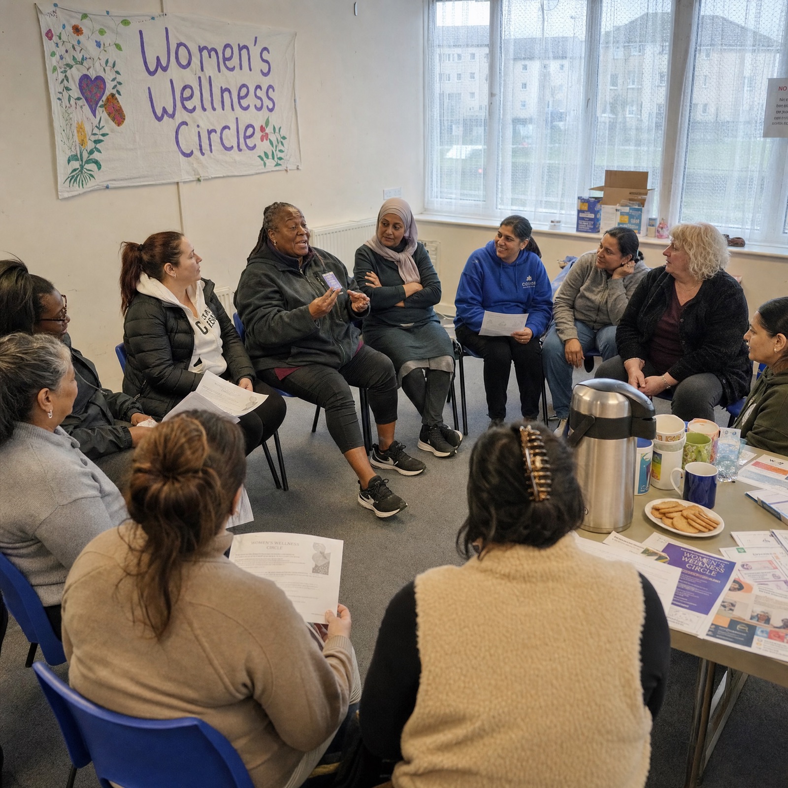 A health advocate sharing information with parents in a community session
